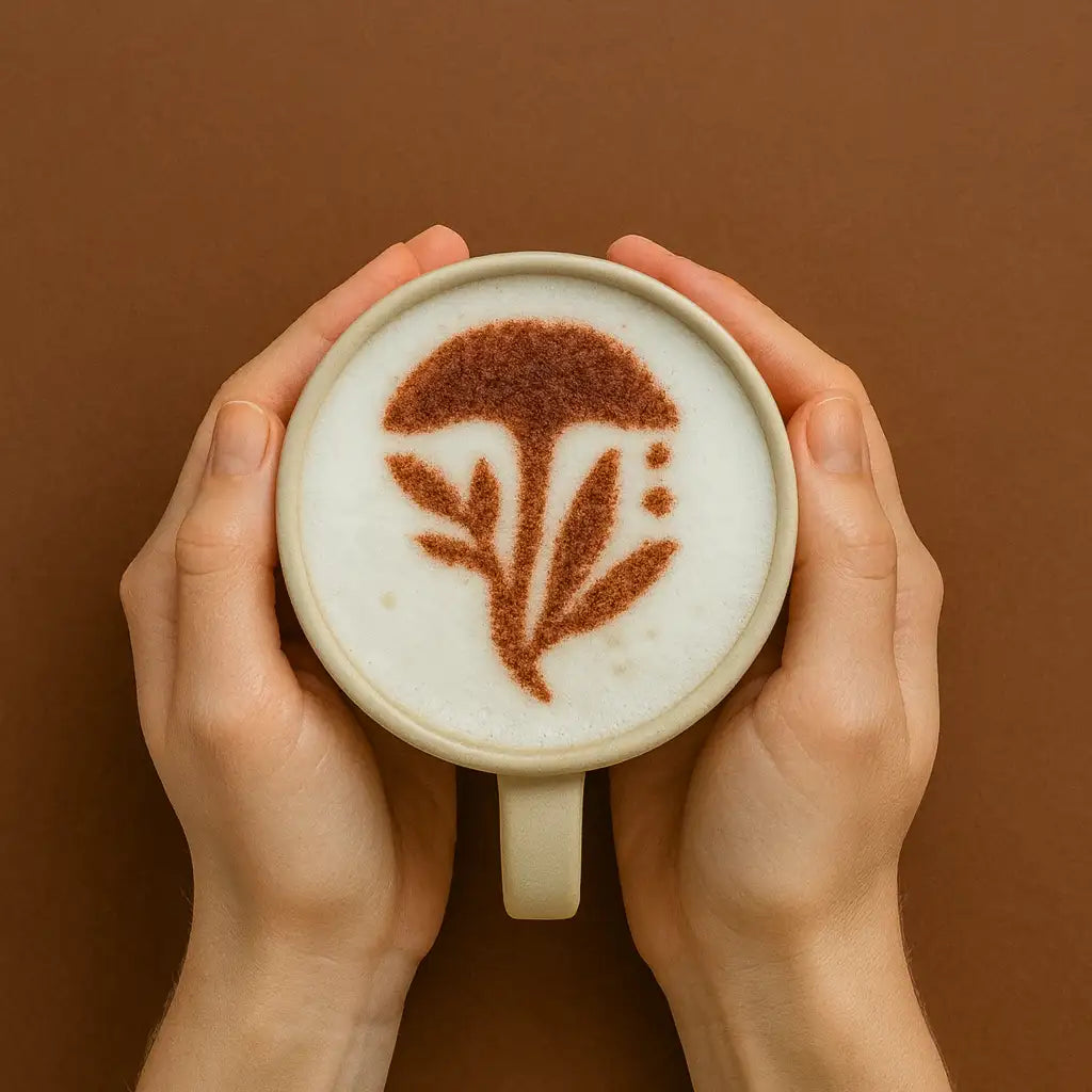 A beige ceramic coffee cup with a delicate brown cinnamon flower design on its frothy surface, held gently in two hands.