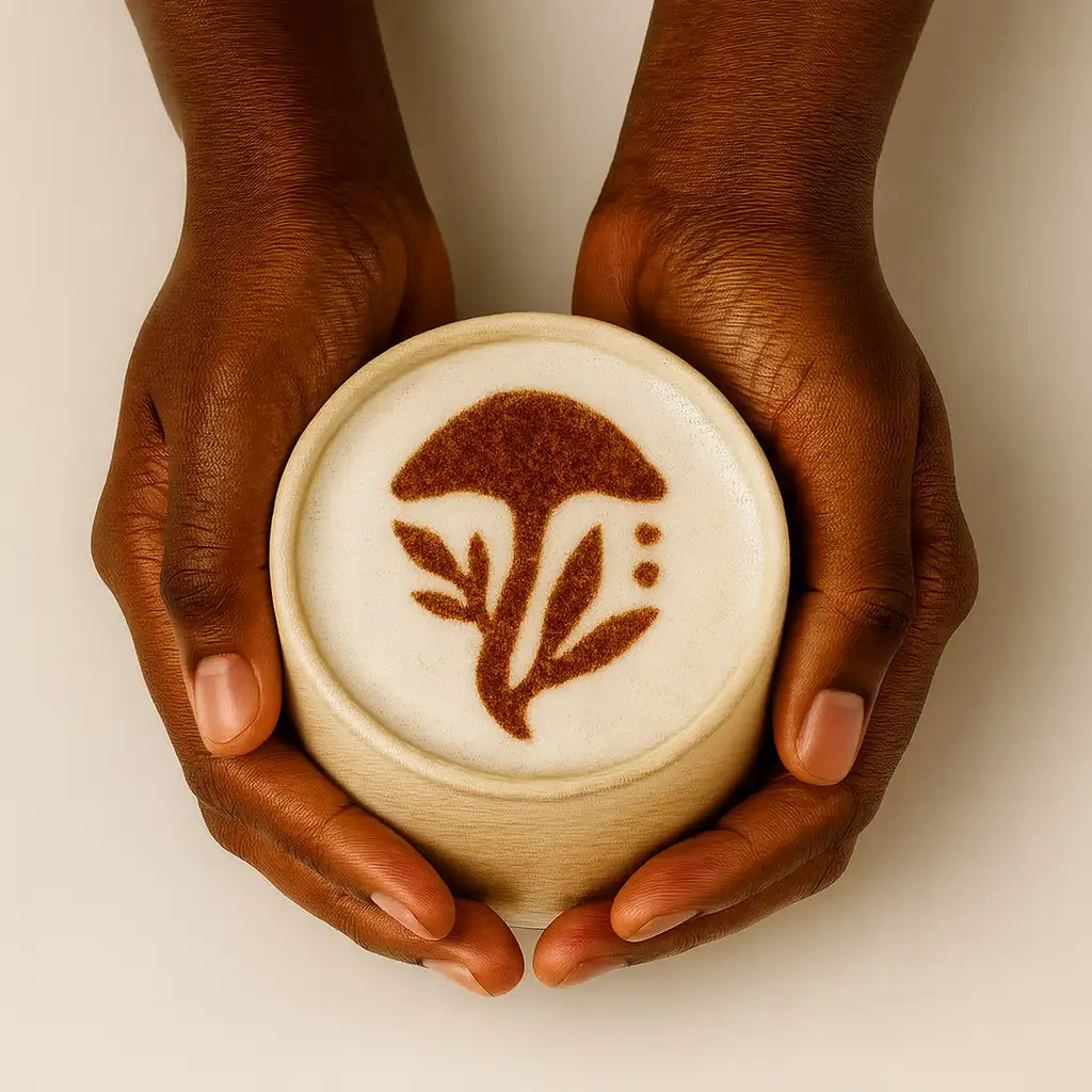 A ceramic coffee cup with a creamy white interior and earthy brown latte art depicting a mushroom.