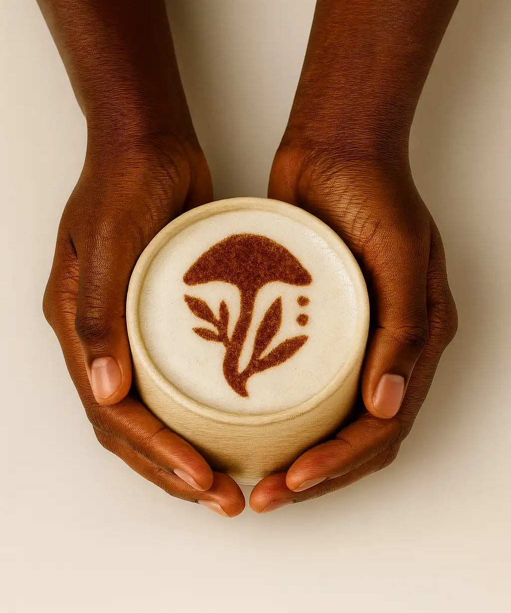 A ceramic coffee cup with a creamy white interior and earthy brown latte art depicting a mushroom.