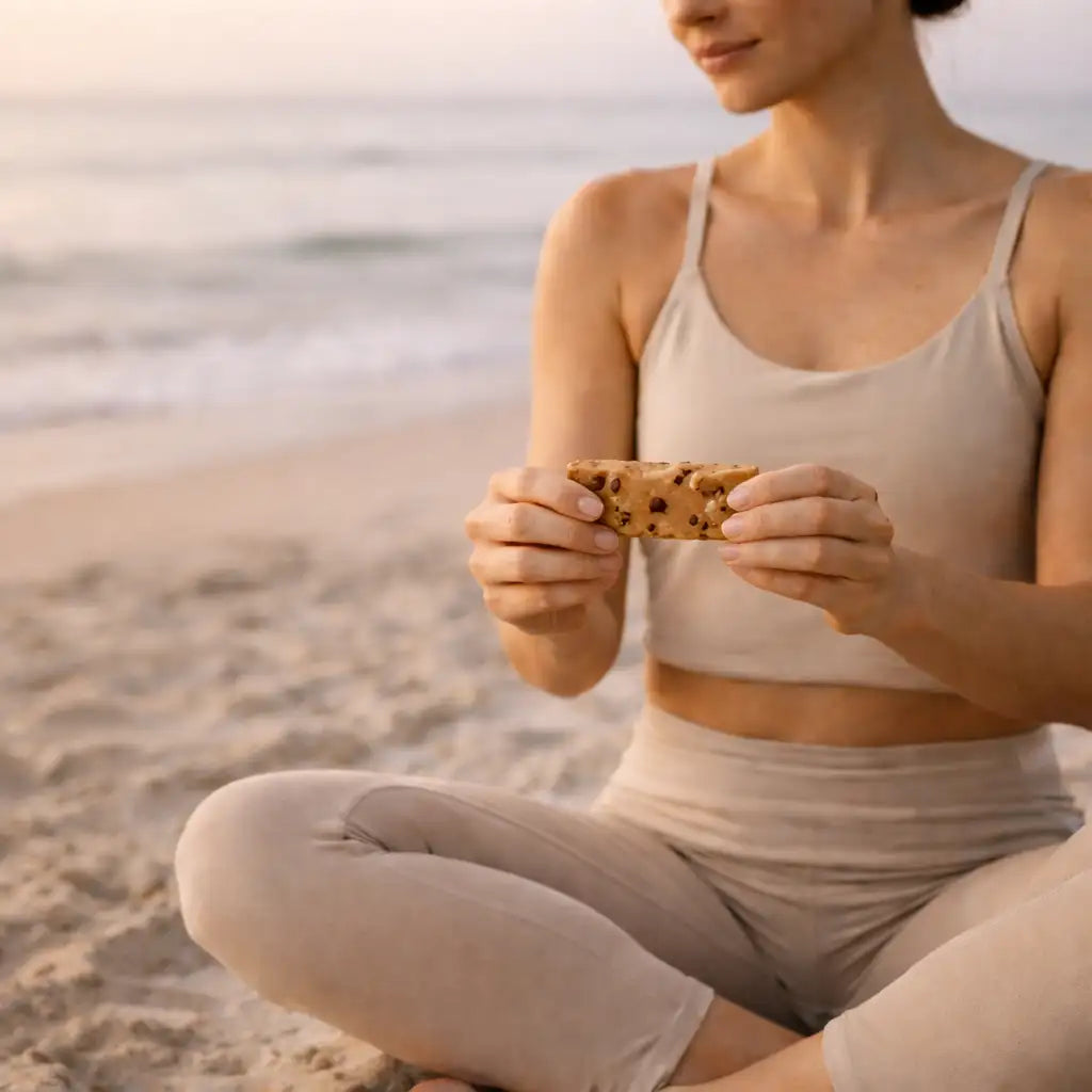 A golden-brown chocolate chip cookie bar held in hands.