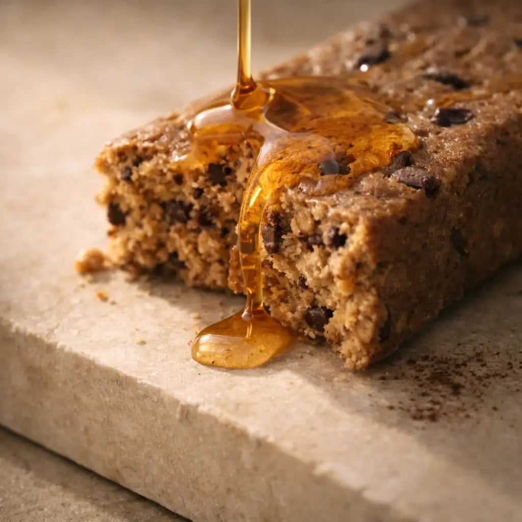 A golden honey drizzled over a rectangular, brown chocolate chip energy bar with visible oats and dark chocolate pieces.