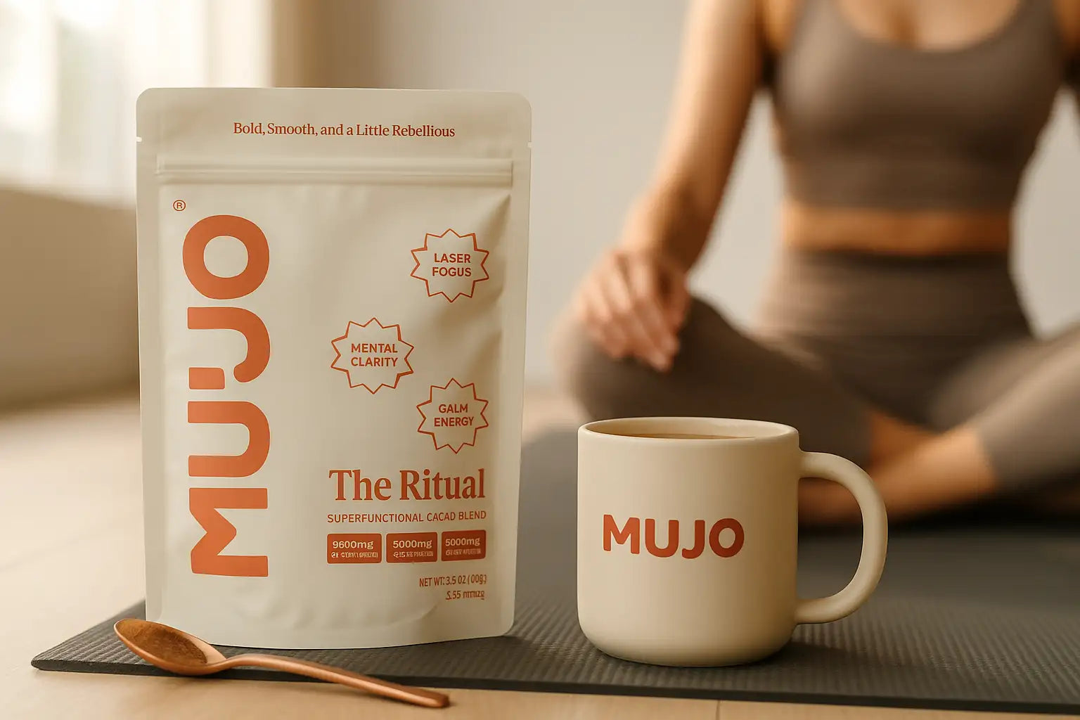 A white pouch of mujo’s ’the ritual’ superfunctional cacao blend, featuring orange branding and text highlighting benefits like mental clarity and calm energy.