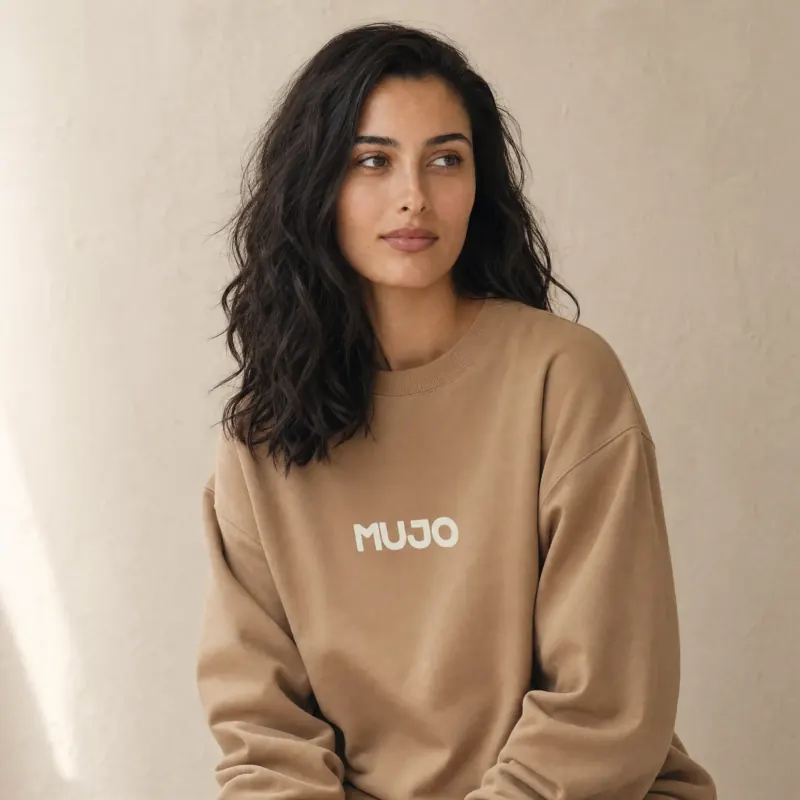 MUJO crew neck sweatshirt in Sandstone, worn