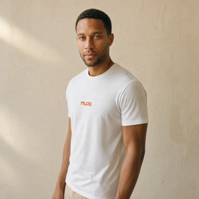 MUJO organic cotton tee in White, worn